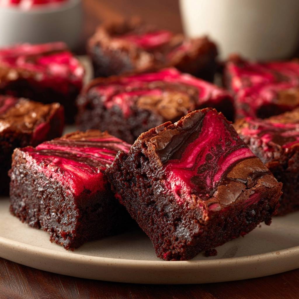 Marmorierte Himbeer Schoko Brownies Angeschnitten 1 Marmorierte Himbeer-Schoko-Brownies angeschnitten auf einem Teller, mit sichtbarer Himbeersauce und Schokoladenteig.