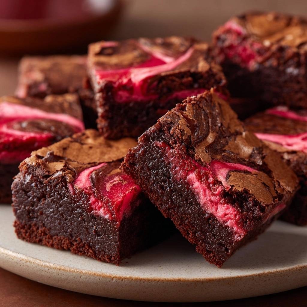 Marmorierte Himbeer-Schoko-Brownies, angeschnitten, zeigen saftige Himbeerschichten und schokoladigen Teig auf einem Teller.