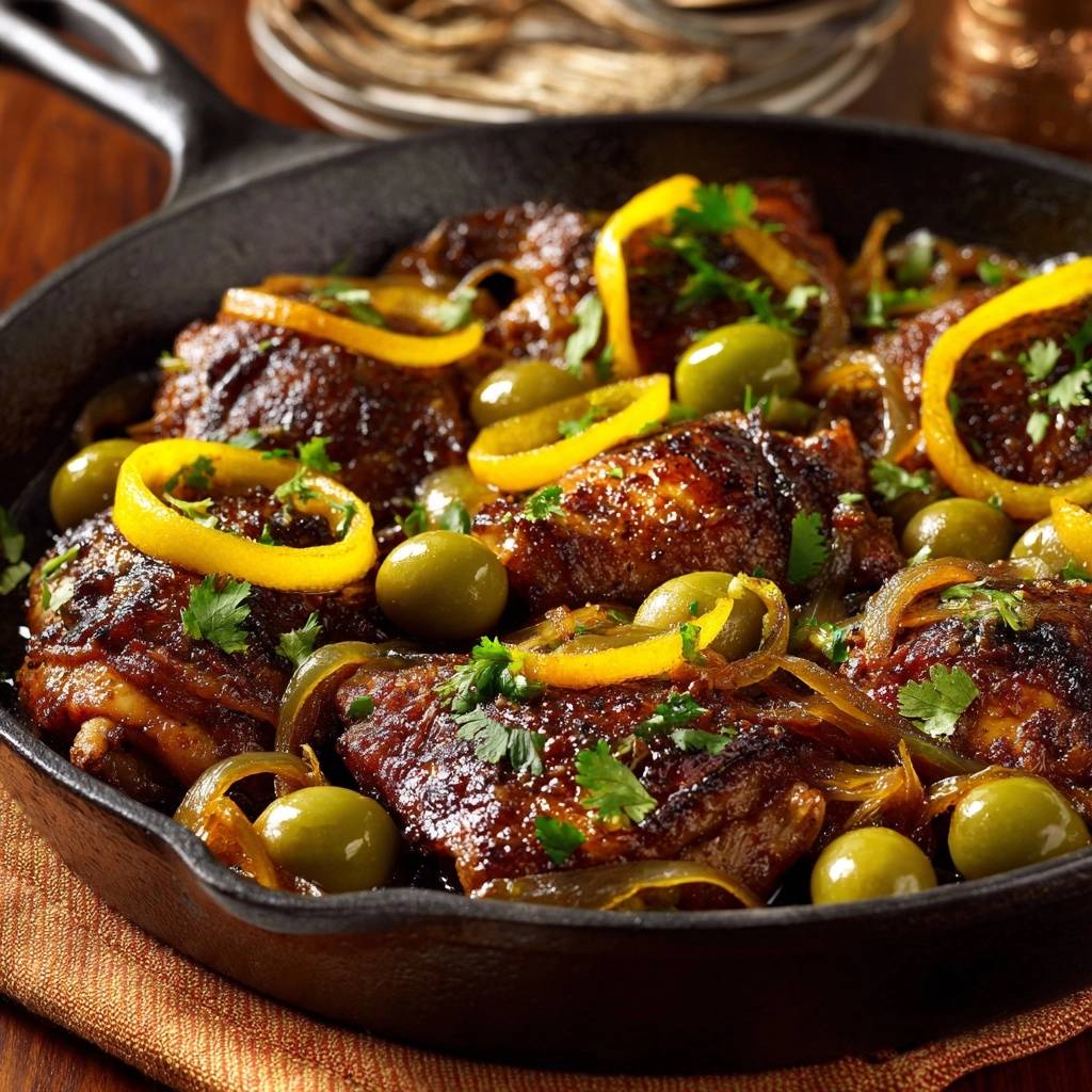 Marokkanisches Hähnchen mit Oliven und Zitrone, saftig, serviert in einer Gusseisenpfanne mit Garnitur.