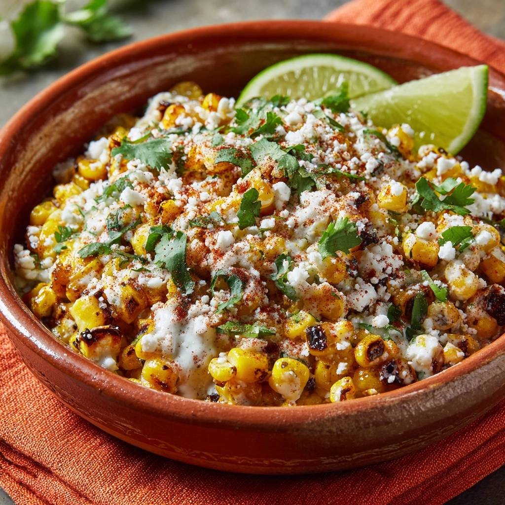 Mexikanischer Chili-Mais, garniert mit zerbröseltem Käse, Koriander und einem Limettenschnitz, in einer Schüssel serviert.