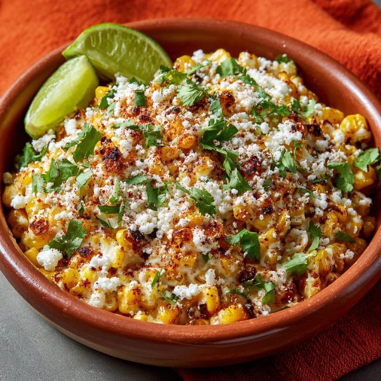 Mexikanischer Chili-Mais, garniert mit Käse, Koriander und Limettenspalten, in einer braunen Schüssel serviert.