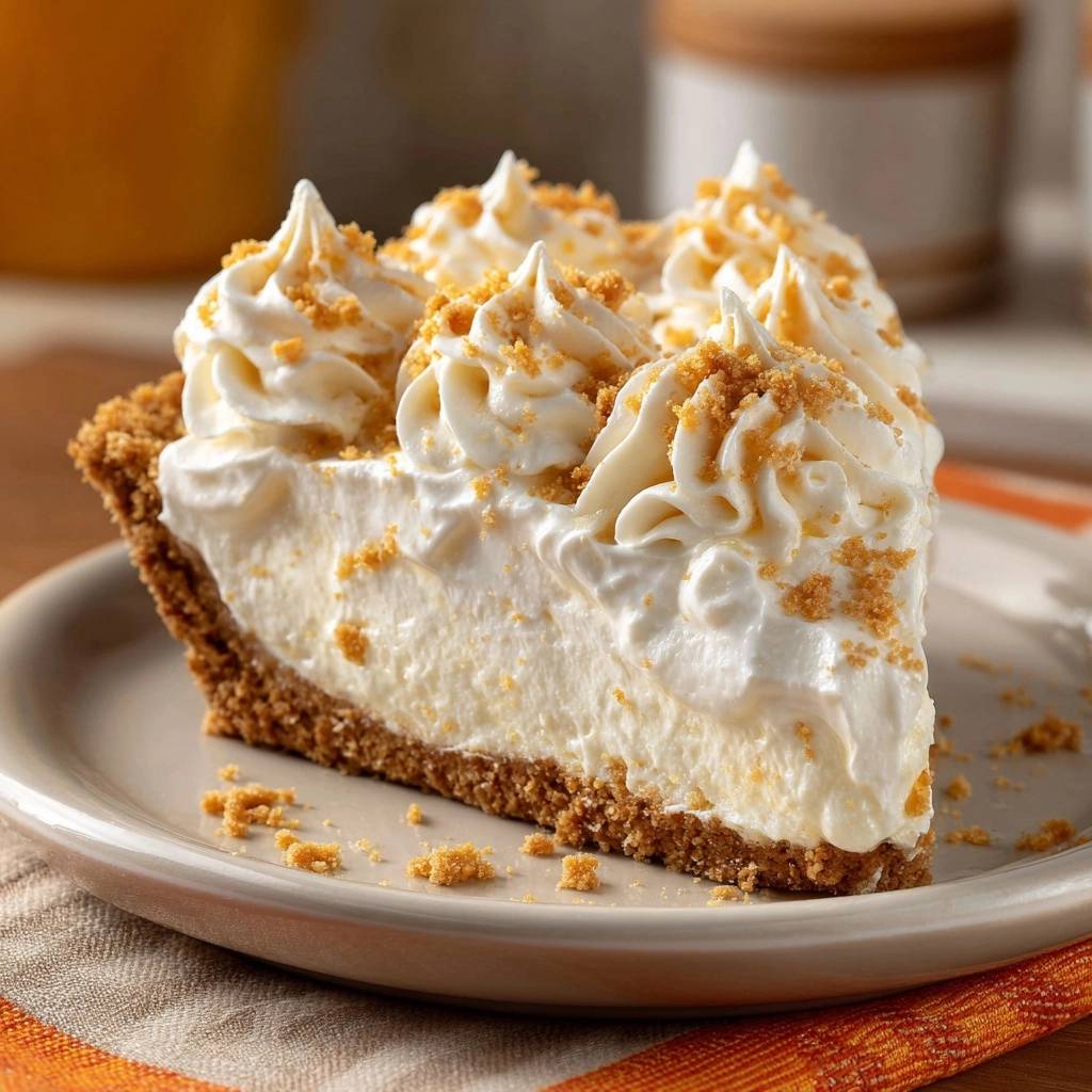 Cremiger No-Bake Käsekuchen angeschnitten auf einem Teller, mit üppiger Sahnehaube und Krümel-Garnitur.