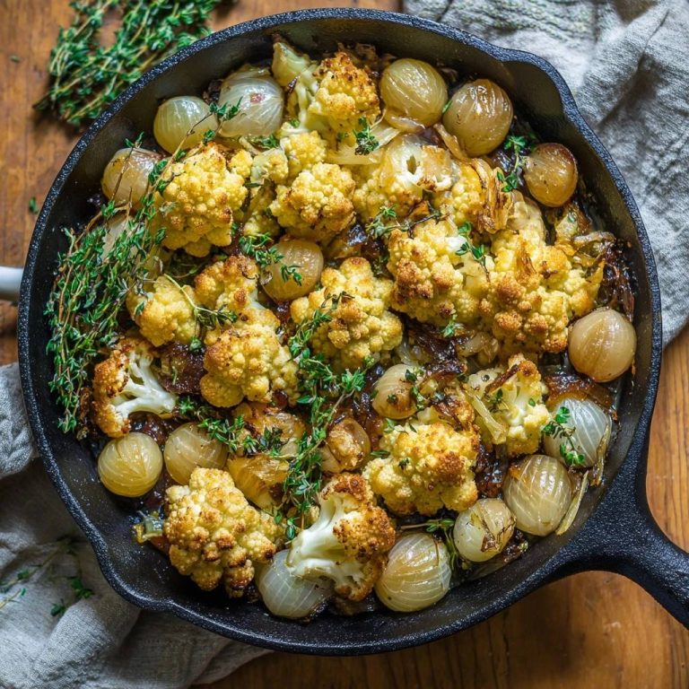 Knuspriger Ofen-Blütenkohl mit Perlzwiebeln und Thymian, aus der Draufsicht in einer Gusseisenpfanne serviert.