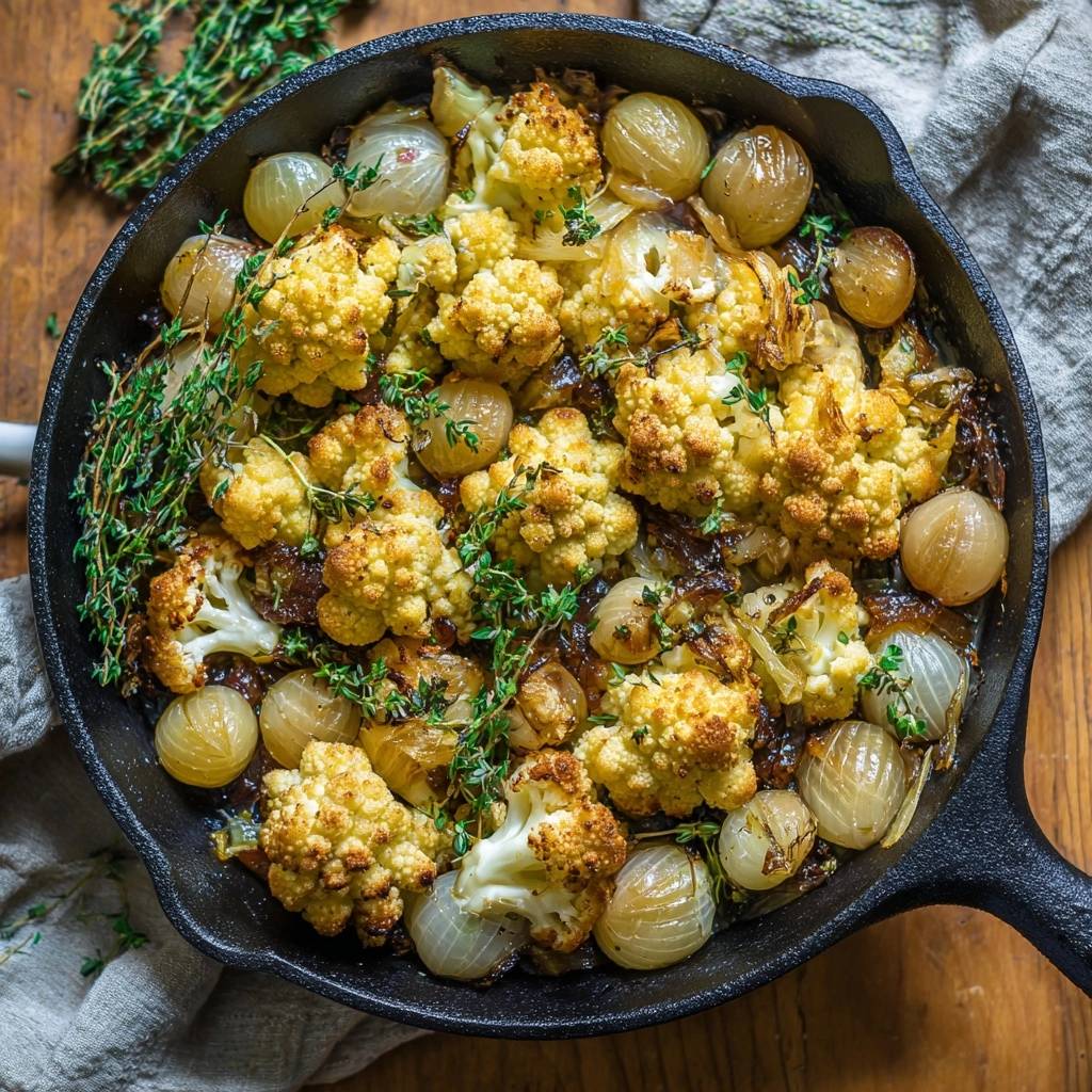 Knuspriger Ofen-Blütenkohl mit Perlzwiebeln und Thymian, aus der Draufsicht in einer Gusseisenpfanne serviert.