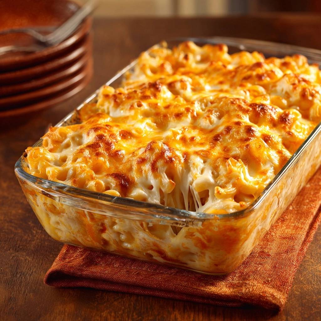 Cremiger Ofen-Mac and Cheese mit geschmolzenem, goldbraunem Käse, gebacken in einer Glasform.