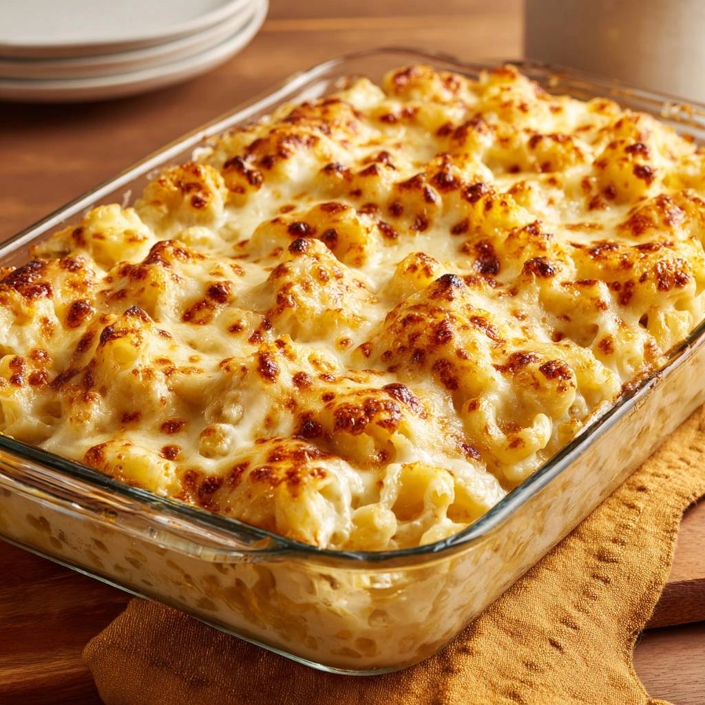 Ofen Mac And Cheese Nahaufnahme Kaese Kruste 1 Cremiger Ofen-Mac and Cheese mit goldbrauner Käsekruste in einer Glasform, Nahaufnahme.