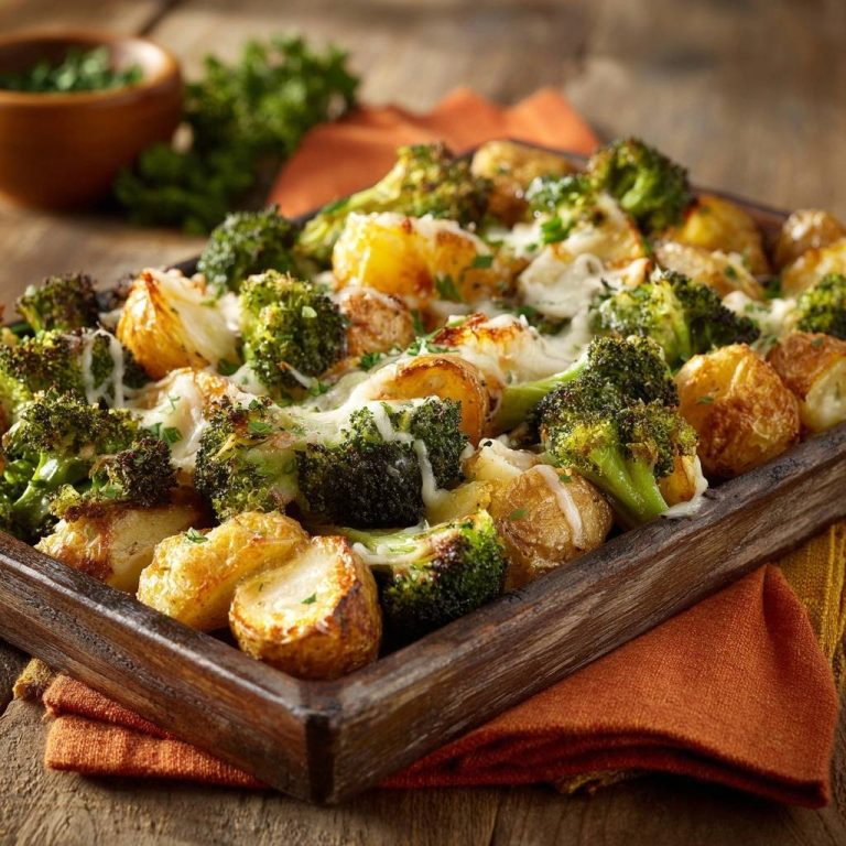 Knusprige Ofenkartoffeln mit Brokkoli und Käse, gezeigt als Detailaufnahme mit geschmolzenem Käse und frischen Kräutern garniert.