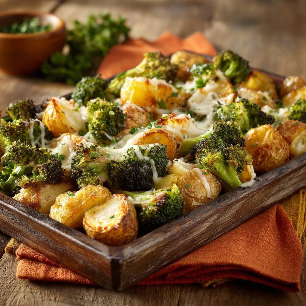 Knusprige Ofenkartoffeln mit Brokkoli und Käse, gezeigt als Detailaufnahme mit geschmolzenem Käse und frischen Kräutern garniert.