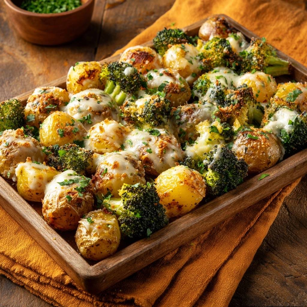 Ofenkartoffeln Brokkoli Kaese Draufsicht Detail 1 Knusprige Ofenkartoffeln mit Brokkoli und Käse, im Detail von oben auf einem Holztablett serviert.