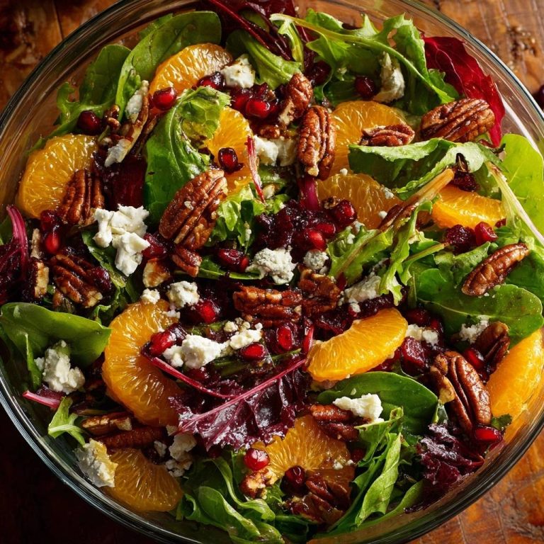 Orangen-Granatapfel-Salat mit Pekannüssen und Blauschimmelkäse, eine Nahaufnahme aus der Vogelperspektive in einer Glasschüssel.