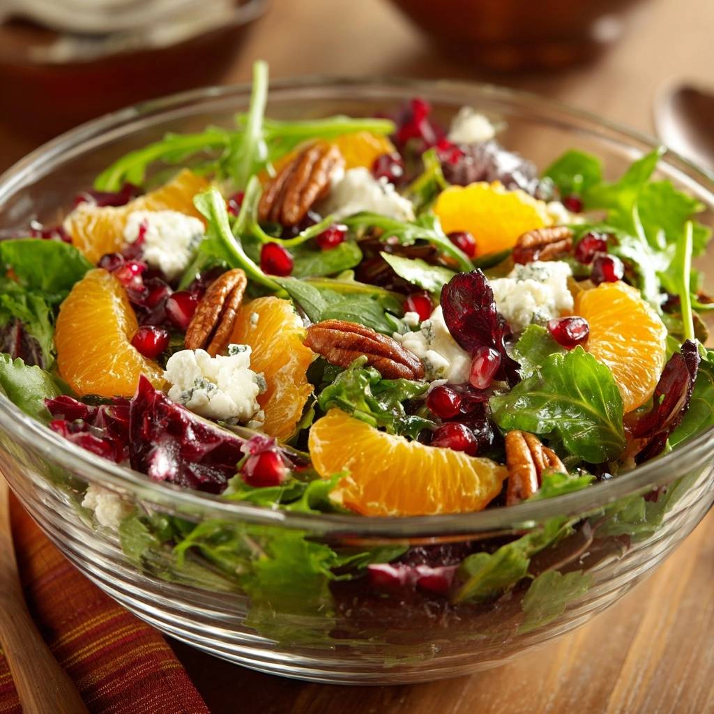 Orangen Granatapfel Salat Nahaufnahme 1 Orangen-Granatapfel-Salat mit Pekannüssen und Blauschimmelkäse, Nahaufnahme der frischen Zutaten in einer Glasschüssel.