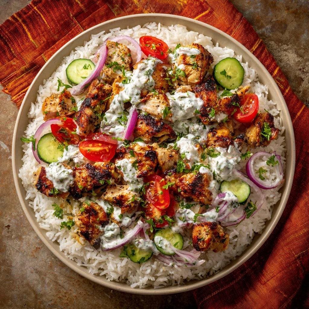 Orientalische Haenchen Reis Bowl Garniert 1 Orientalische Hähnchen-Reis-Bowl, serviert mit Reis, gegrilltem Hähnchen, Tomaten, Gurken und einer cremigen Sauce.