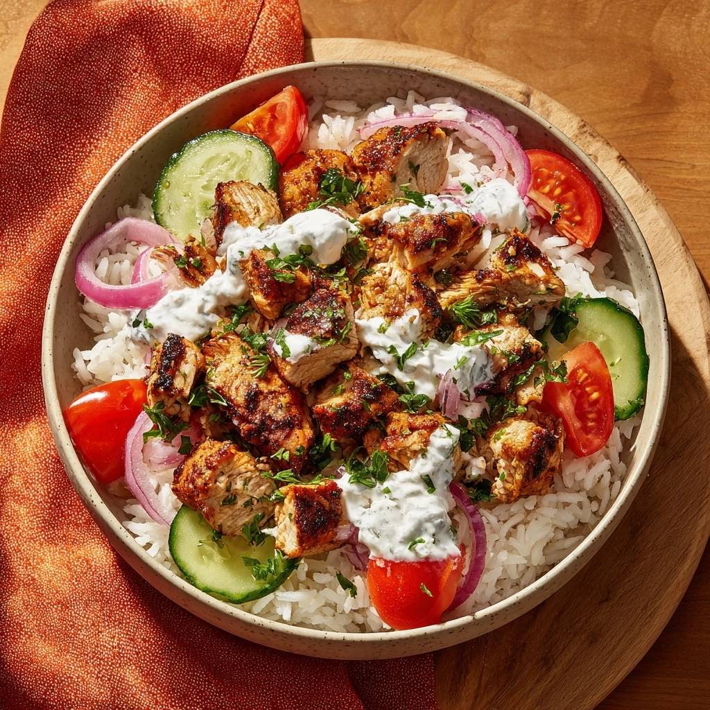 Orientalische Hähnchen-Reis-Bowl mit Gurkenscheiben und Tomatenstücken, mit Joghurt-Dressing und frischer Petersilie garniert, Nahaufnahme.