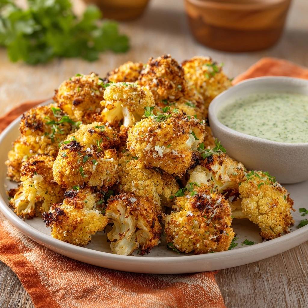 Knuspriger Parmesan-Blütenkohl als Nahaufnahme mit Kräuterdip auf einem Teller serviert.