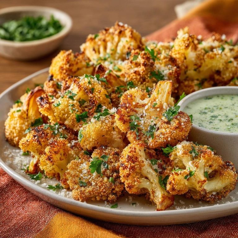 Knuspriger Parmesan-Blütenkohl, nahaufnahme auf einem Teller mit frischer Petersilie und Parmesan garniert, serviert mit Dip.