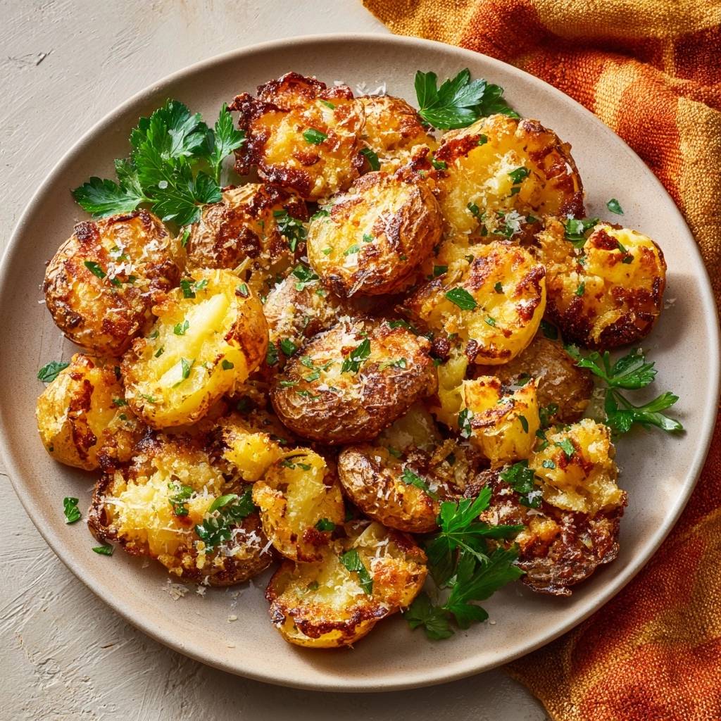 Knusprige Parmesan-Kartoffelhäppchen garniert mit frischer Petersilie und geriebenem Parmesan, serviert auf einem Teller.