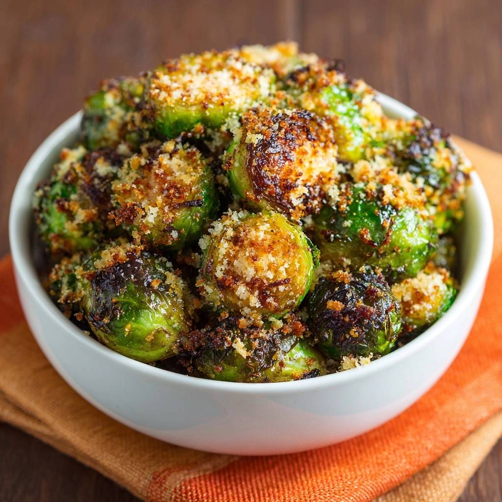 Knuspriger Parmesan-Rosenkohl, leicht angekohlt und mit Parmesan paniert, in einer weißen Schüssel serviert.