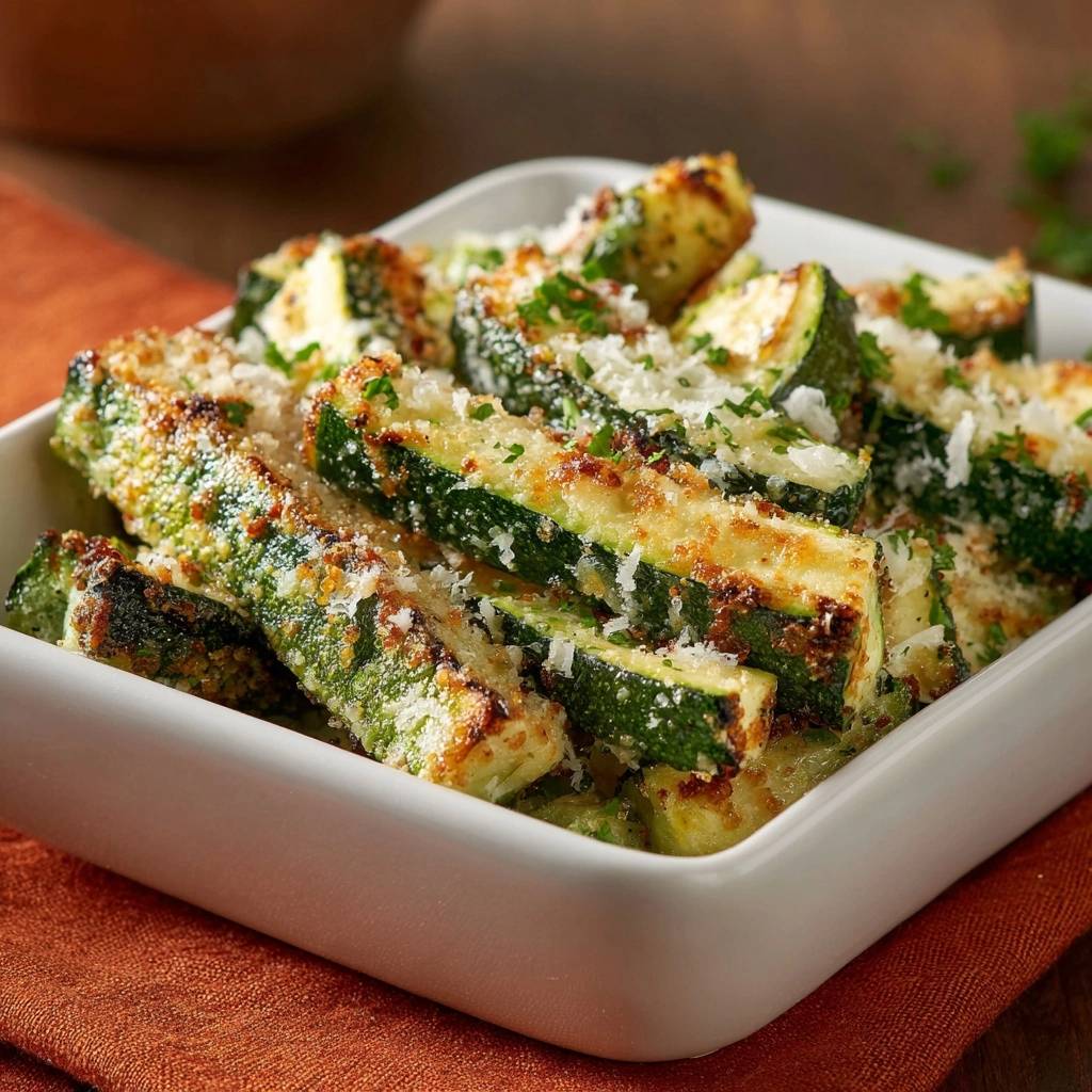 Knusprige Parmesan-Zucchini-Sticks, detailreich garniert mit geriebenem Parmesan und frischer Petersilie in einer weißen Schale.