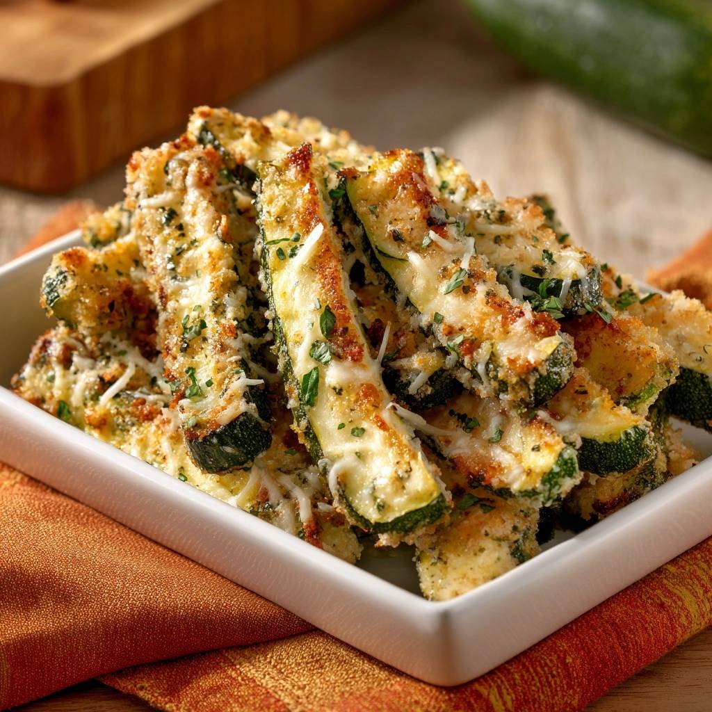 Knusprige Parmesan-Zucchini-Sticks, detailreich mit geriebenem Käse und frischer Petersilie garniert, in einer weißen Schüssel serviert