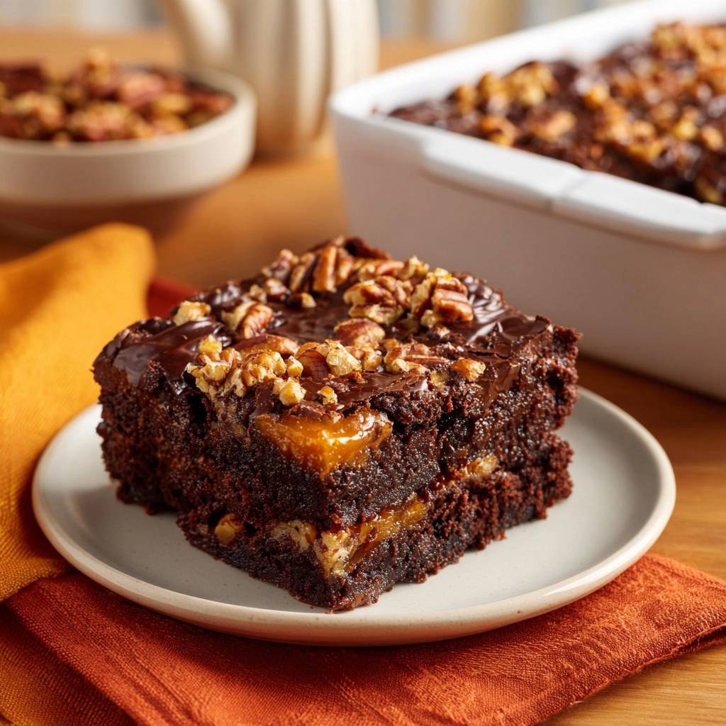 Pekannuss-Karamell-Brownies als einzelnes Stück auf einem Teller, mit geschmolzener Karamellfüllung und Nüssen garniert.