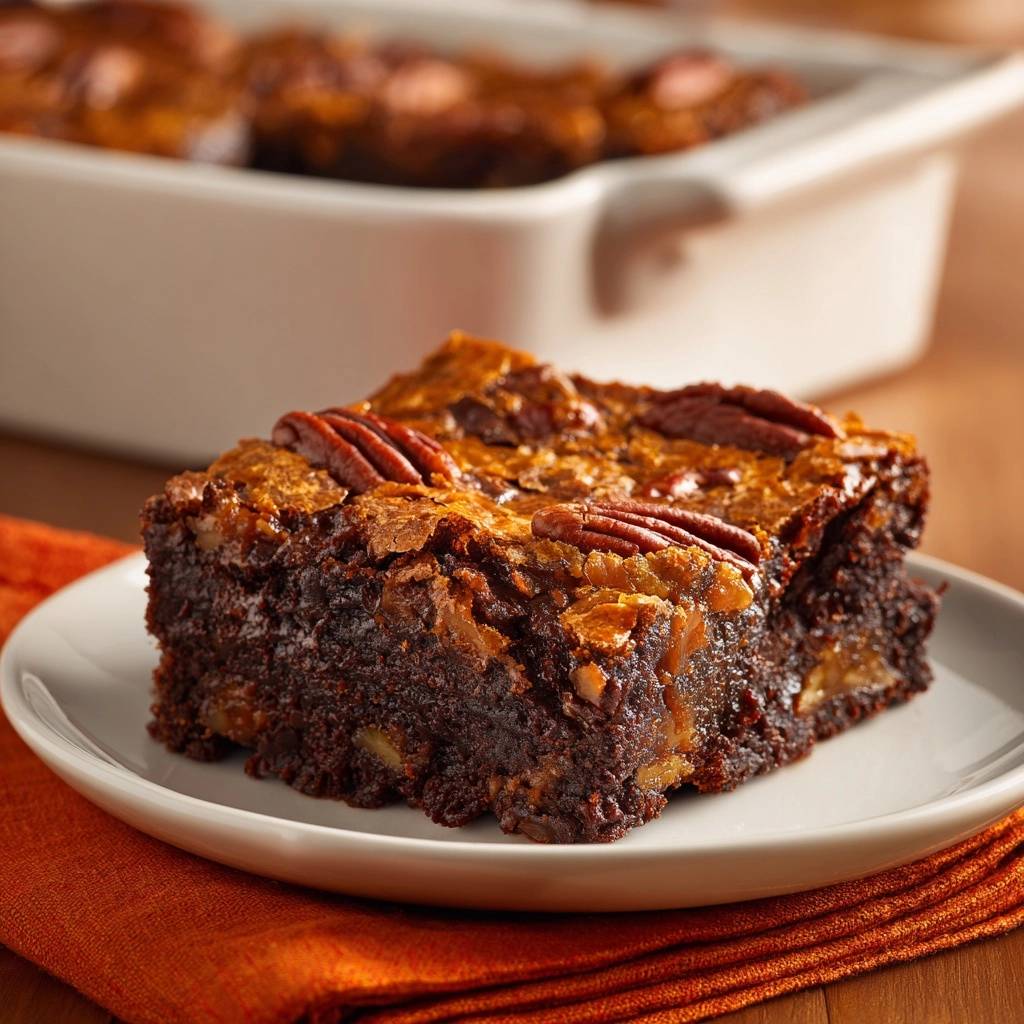 Pekannuss-Karamell-Brownies als einzelnes Stück auf einem Teller serviert, mit Nüssen und Karamell-Topping.