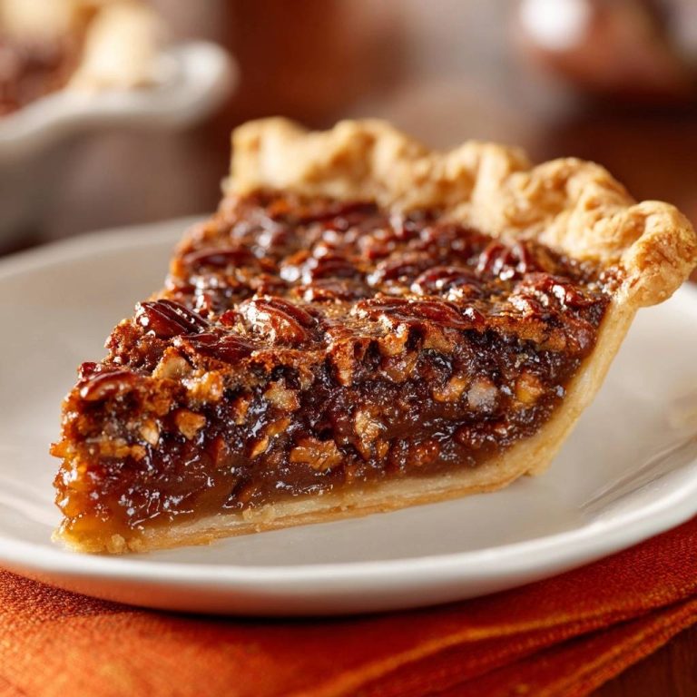 Perfekte Pekannuss-Pie angeschnitten als Nahaufnahme auf einem weißen Teller mit einem orangefarbenen Tuch.