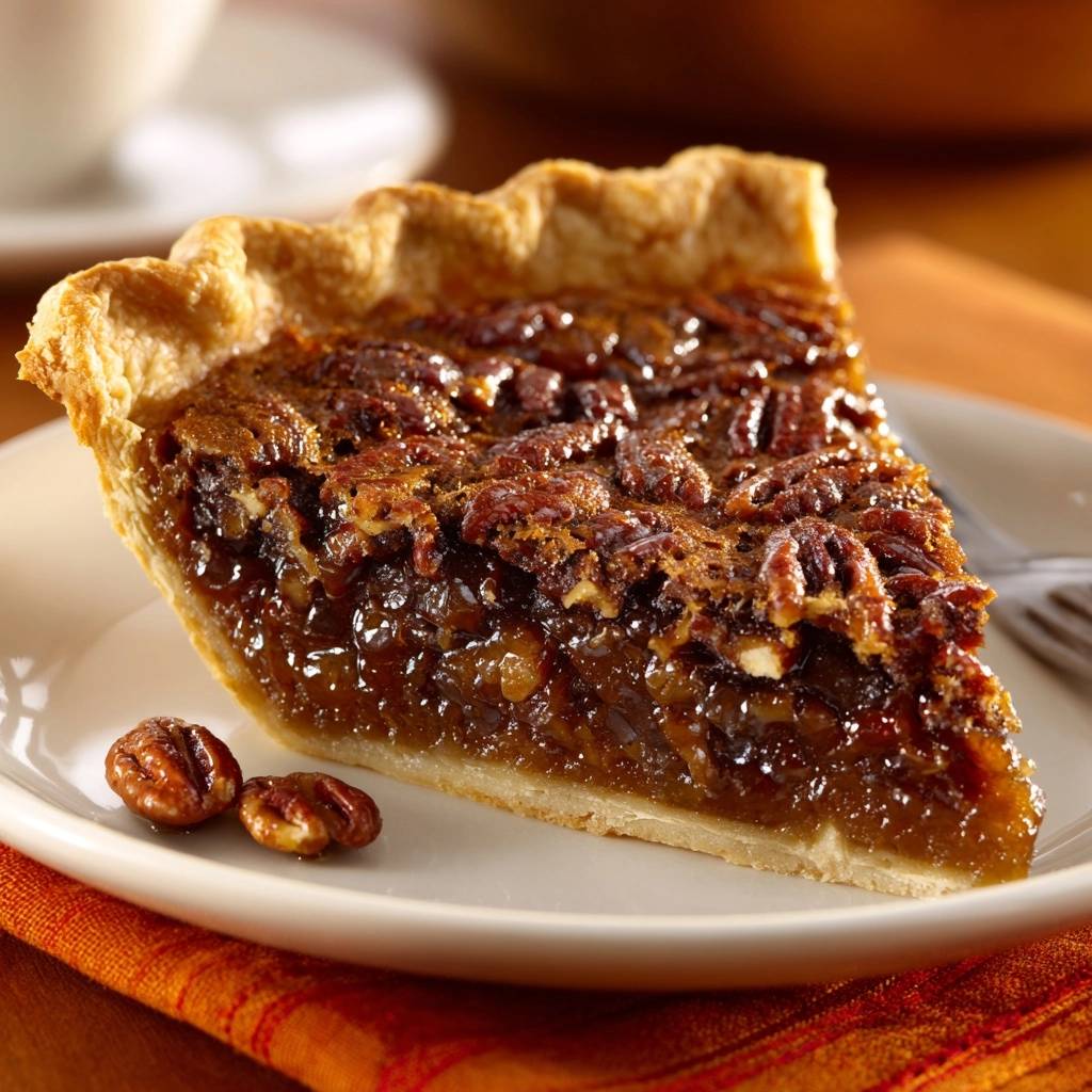 Perfekte Pekannuss-Pie im Querschnitt, mit ganzen Pekannüssen und glänzender Füllung auf einem Teller serviert.