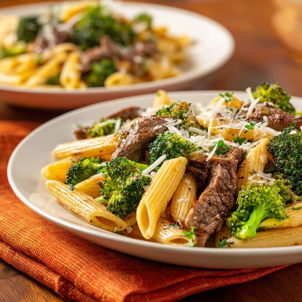 Penne mit saftigem Rindfleisch und Brokkoli, eine einzelne Portion auf einem Teller serviert mit detailreicher Ansicht.