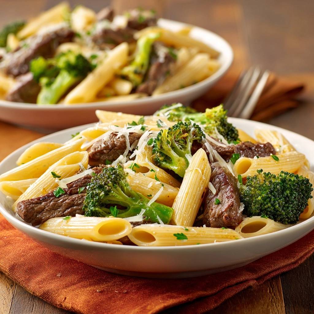 Penne mit Rindfleisch und Brokkoli, eine Nahaufnahme einer Portion auf einem Teller mit geriebenem Parmesan und Petersilie garniert.