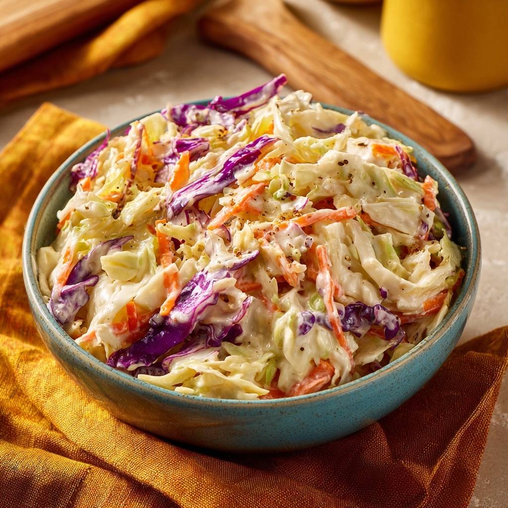 Perfekter Coleslaw, eine cremige Nahaufnahme der knackigen Kraut- und Karottenmischung in einer blauen Schüssel.