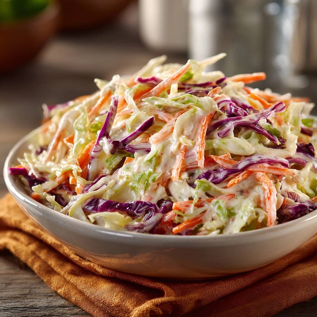 Perfekter Coleslaw, eine Nahaufnahme des knackigen und cremigen Salats in einer Schüssel, der auf einem Küchentuch angerichtet ist.