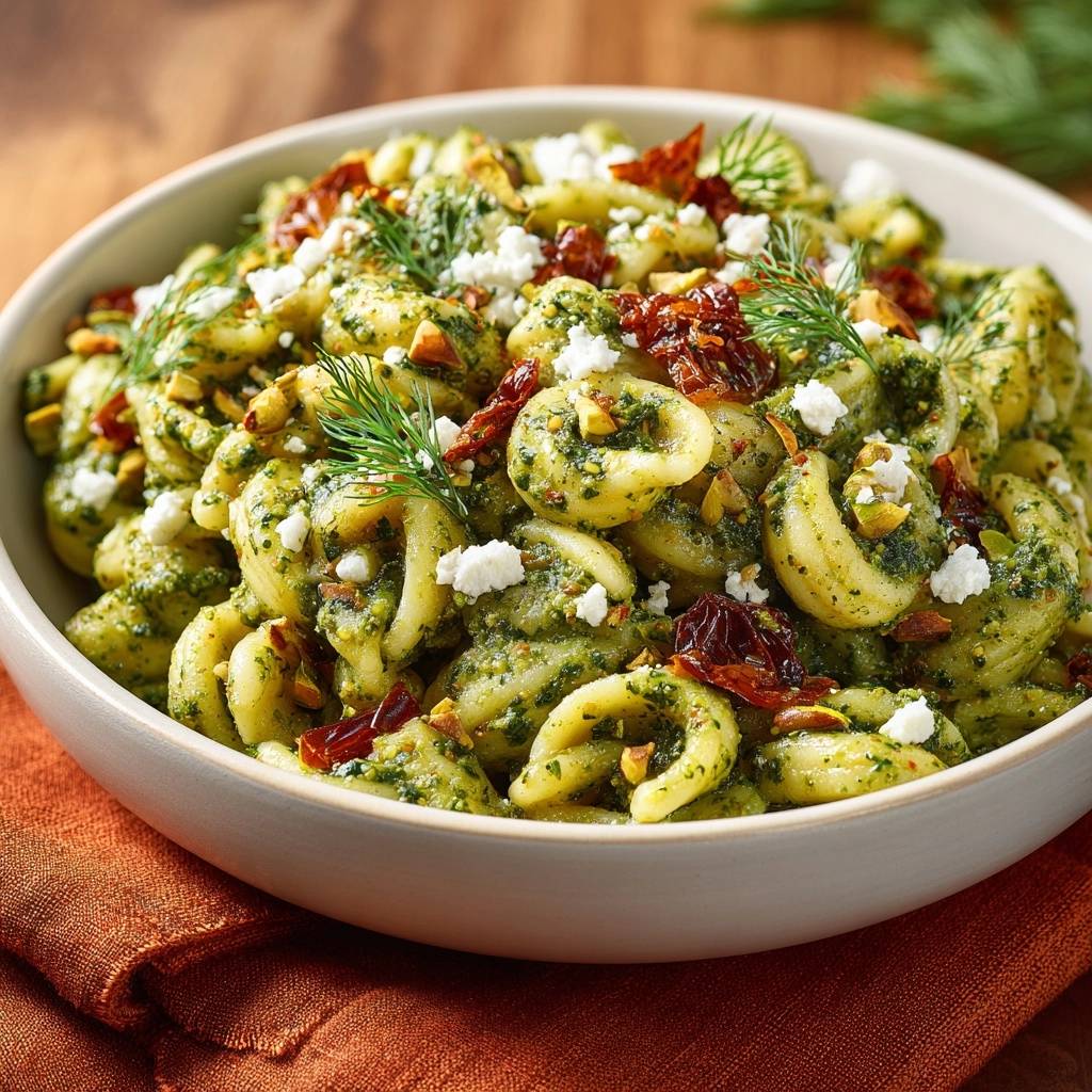 Pistazien-Pesto-Fusilli mit Feta, Tomaten und Dill, Nahaufnahme der Nudeln mit grüner Pesto-Sauce und garniert mit Fetakäse.