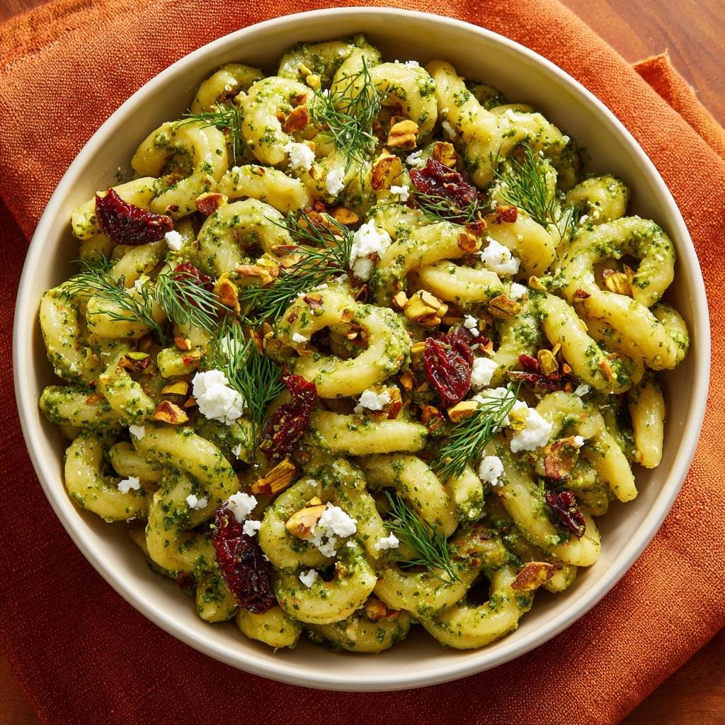 Pistazien-Pesto-Fusilli mit Feta, Tomaten und Dill, serviert in einer Schüssel, von oben betrachtet.