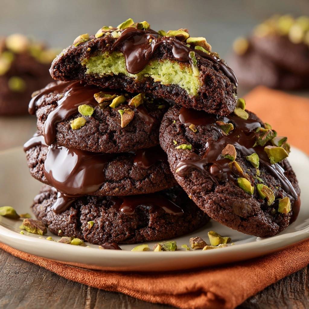 Pistazien Schoko Cookies Angeschnitten Mit Fuellung 1 Pistazien-Schoko-Füllcookies angeschnitten, die saftige grüne Füllung und die Schokoladenglasur sind gut sichtbar.