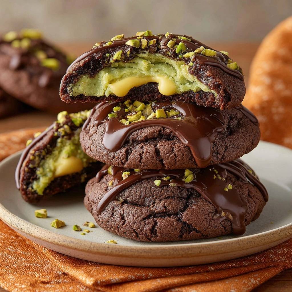 Pistazien-Schoko-Füllcookies angeschnitten mit flüssiger Füllung und Schokoladenglasur, bestreut mit gehackten Pistazien.