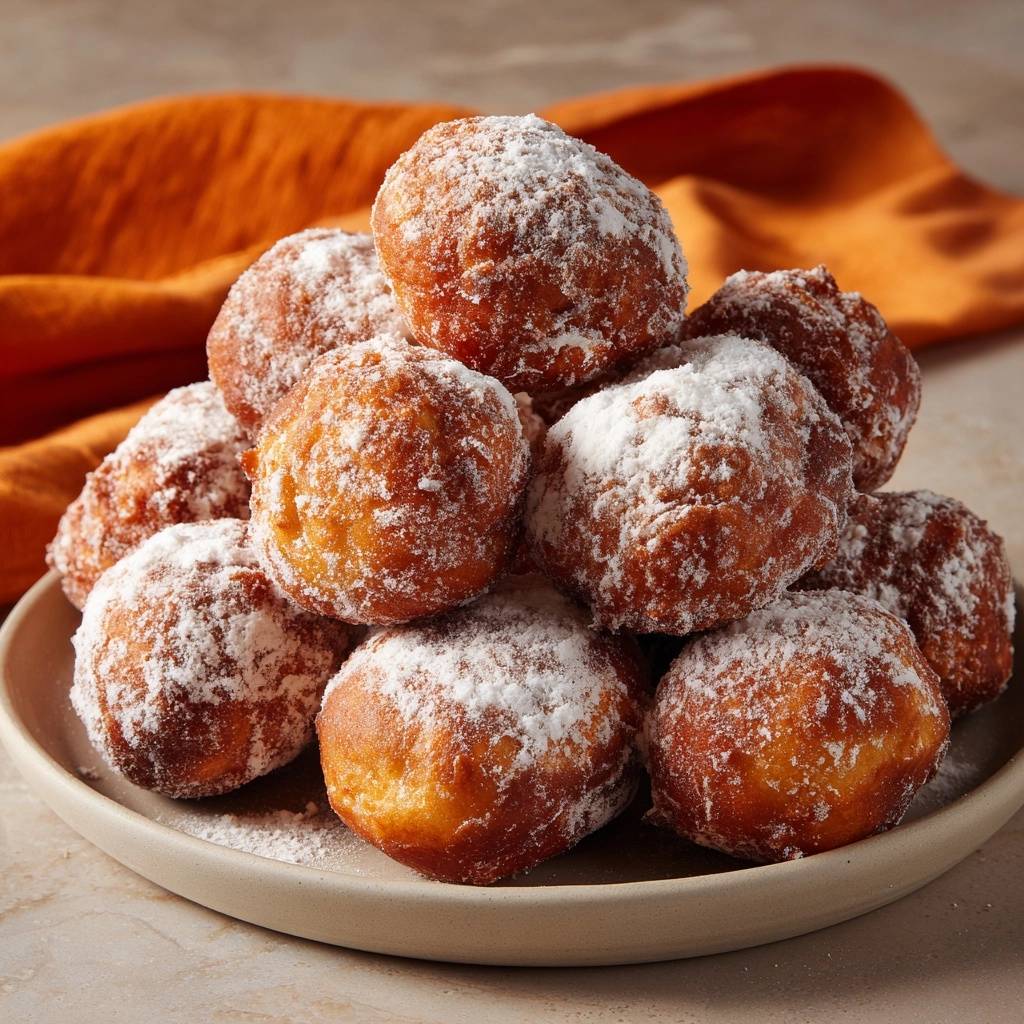 Luftige Puderzucker-Krapfen als detailreiche Nahaufnahme eines gestapelten Haufens auf einem Teller.