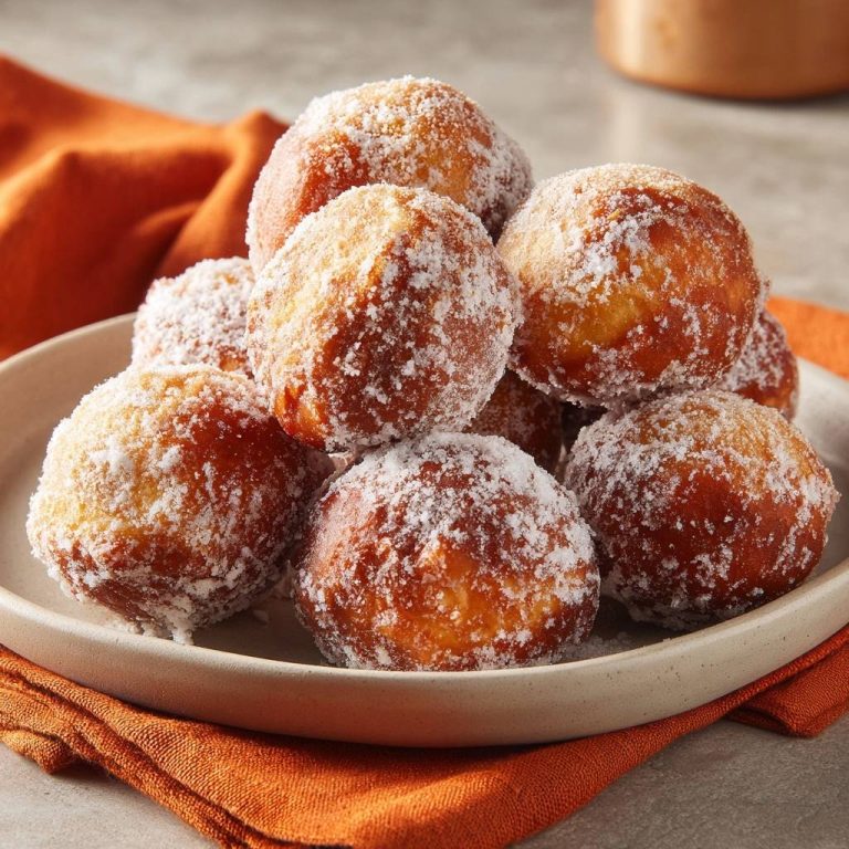 Luftige Puderzucker-Krapfen, ein knuspriger Stapel auf einer cremefarbenen Platte mit orangem Tuch.