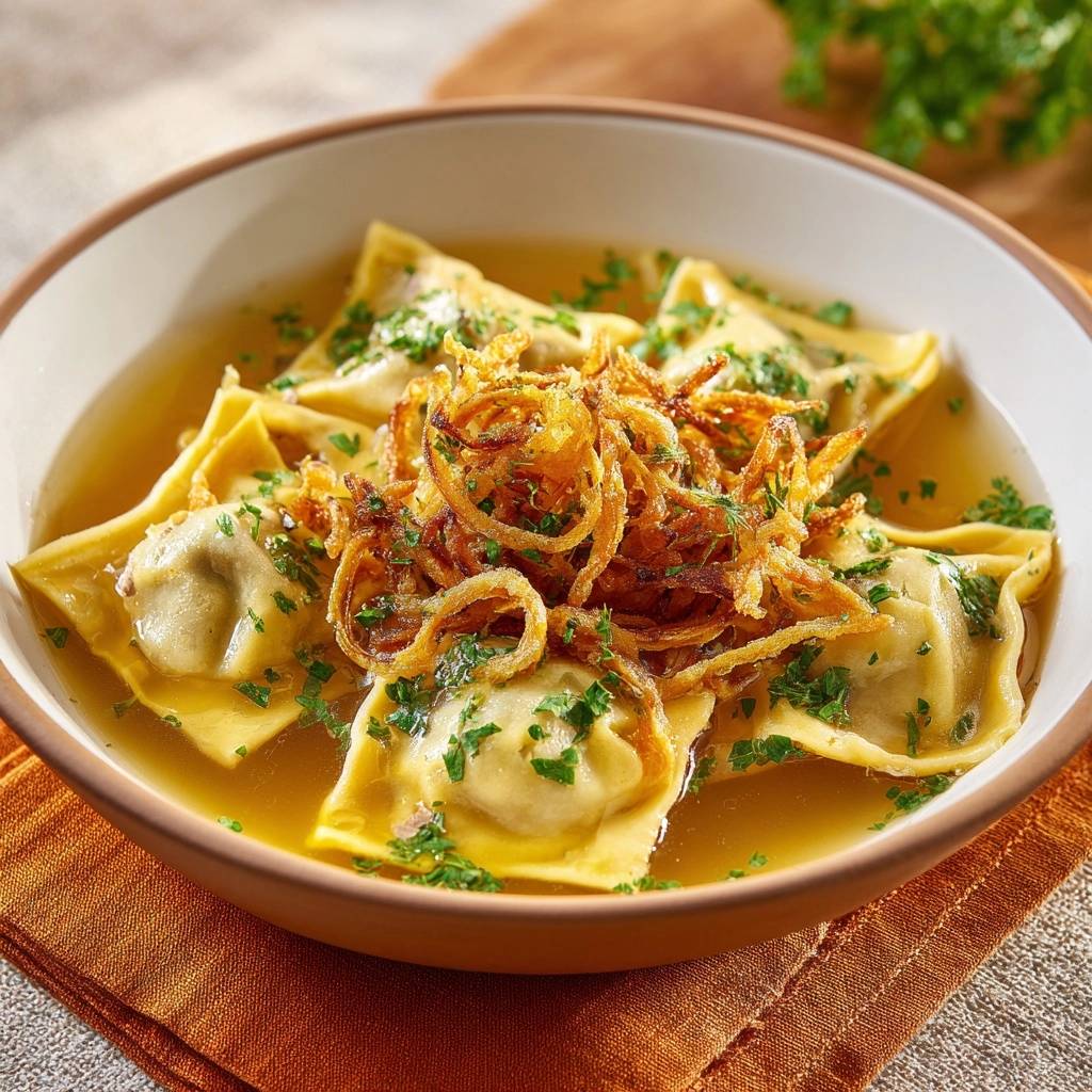 Ravioli In Goldener Brhe Garniert 1 Ravioli in goldener Brühe, serviert in einer Schüssel und garniert mit frittierten Zwiebeln und Petersilie.