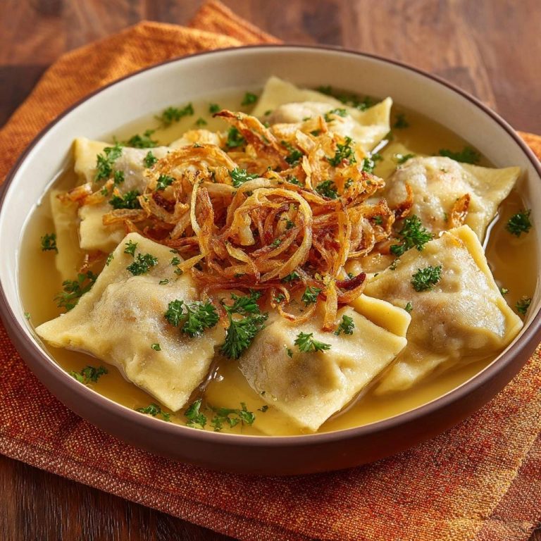 Ravioli in goldener Brühe, serviert in einer Schüssel und garniert mit gebratenen Zwiebeln und Petersilie.