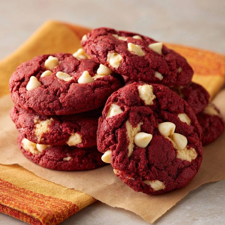 Red Velvet Cookies mit White Chocolate Chips als Nahaufnahme eines Stapels auf Backpapier mit einem Stoffserviette daneben.