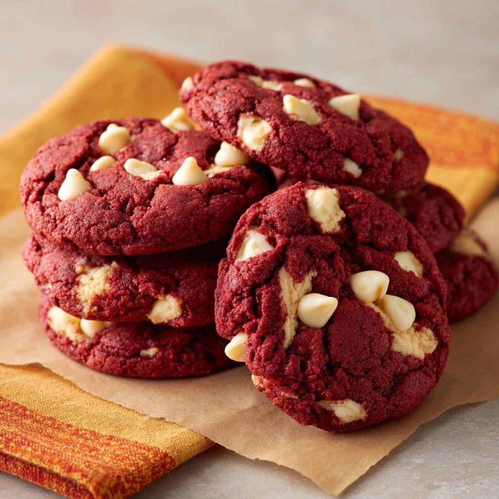 Red Velvet Cookies mit White Chocolate Chips als Nahaufnahme eines Stapels auf Backpapier mit einem Stoffserviette daneben.