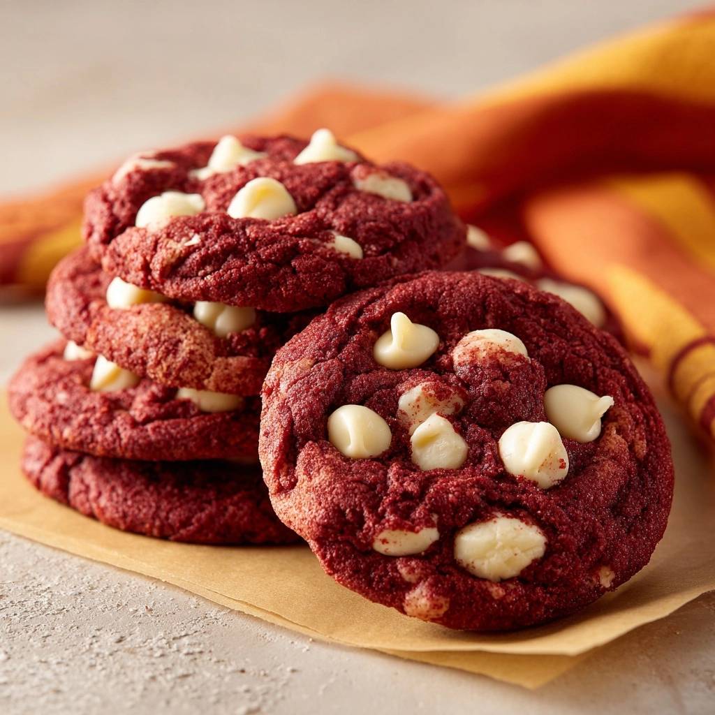 Red Velvet Cookies White Chocolate Nahaufnahme 1 Red Velvet Cookies mit White Chocolate Chips in Nahaufnahme, gestapelt auf Backpapier mit einem bunten Tuch im Hintergrund.