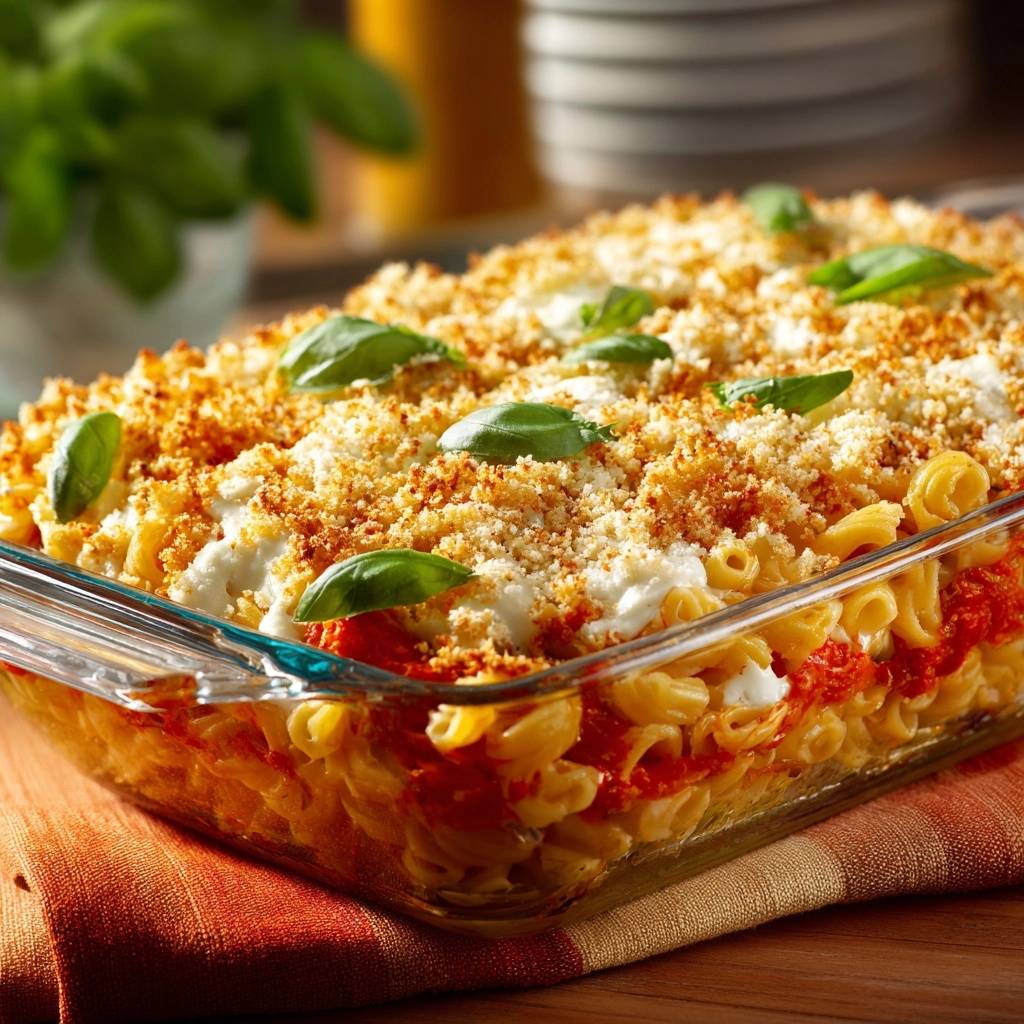 Knuspriger Rigatoni-Auflauf mit Käsekruste und frischem Basilikum, Nahaufnahme der gebackenen Kruste