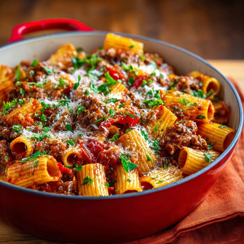 Rigatoni Paprika Hack Sauce Detail Nahaufnahme 1 Rigatoni mit saftiger Paprika-Hack-Soße in roter Schüssel, Nahaufnahme der Nudeln mit Soße und Parmesan.