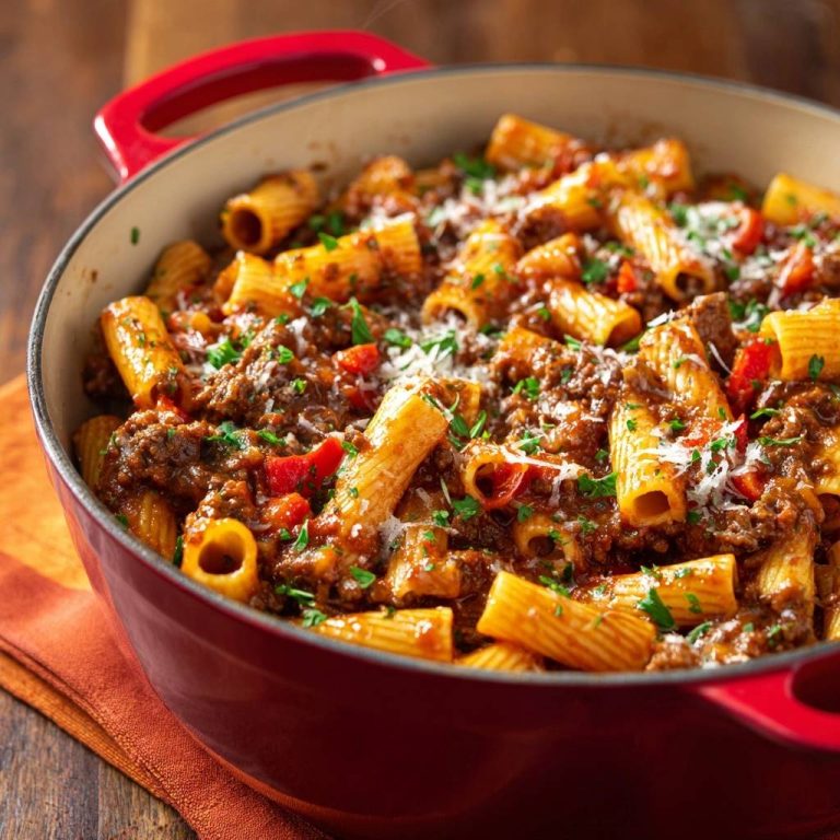 Rigatoni mit saftiger Paprika-Hack-Soße im roten Topf, Nahaufnahme der Nudeln und Soße mit Parmesan und Petersilie.