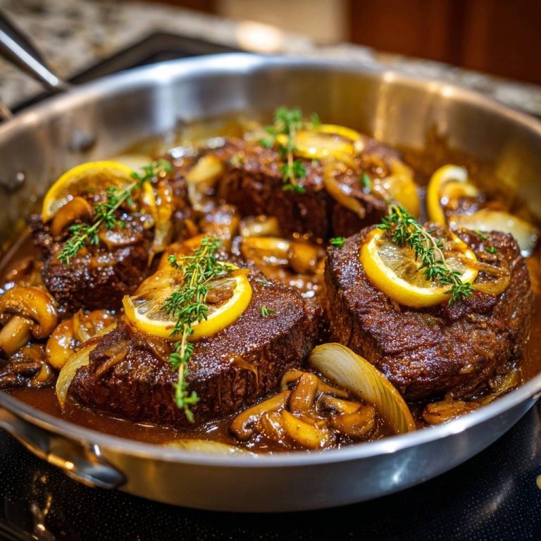 Saftiges Rindfleisch mit Champignons, Zwiebeln und Zitronen-Thymian, detailreiche Nahaufnahme der Garnitur mit Zitrone und frischem Thymian.