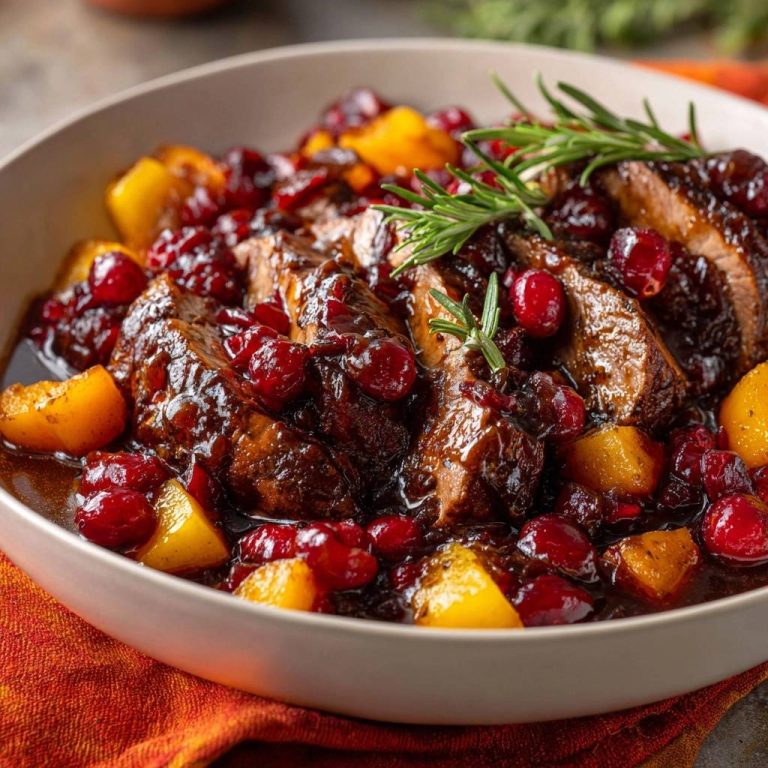 Saftiges Rindfleisch mit Cranberry-Aprikosen-Soße, nahaufnahme der glänzenden Glasur und saftigen Beeren