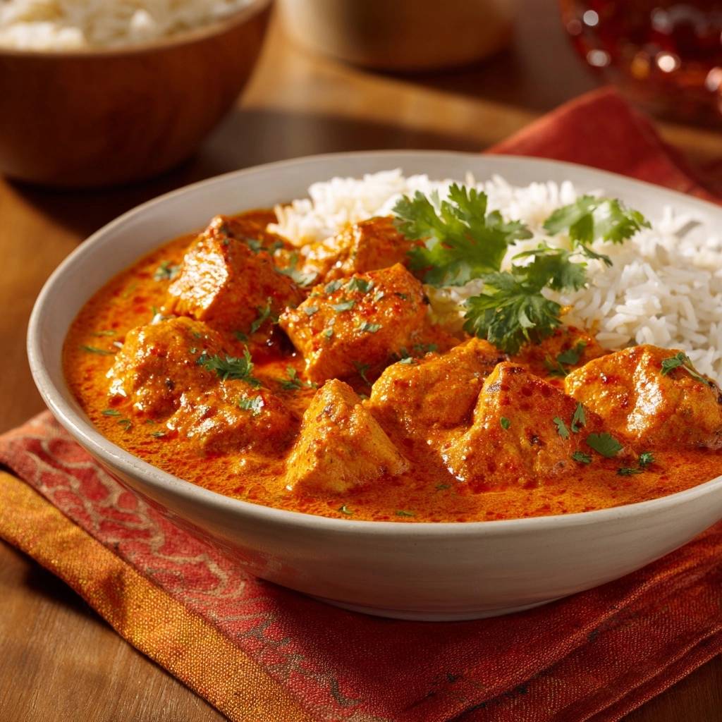 Rindfleisch Curry Mit Reis Nahaufnahme 1 Zartes Rindfleisch-Curry mit Duftreis, serviert in einer Schüssel mit frischem Koriander garniert