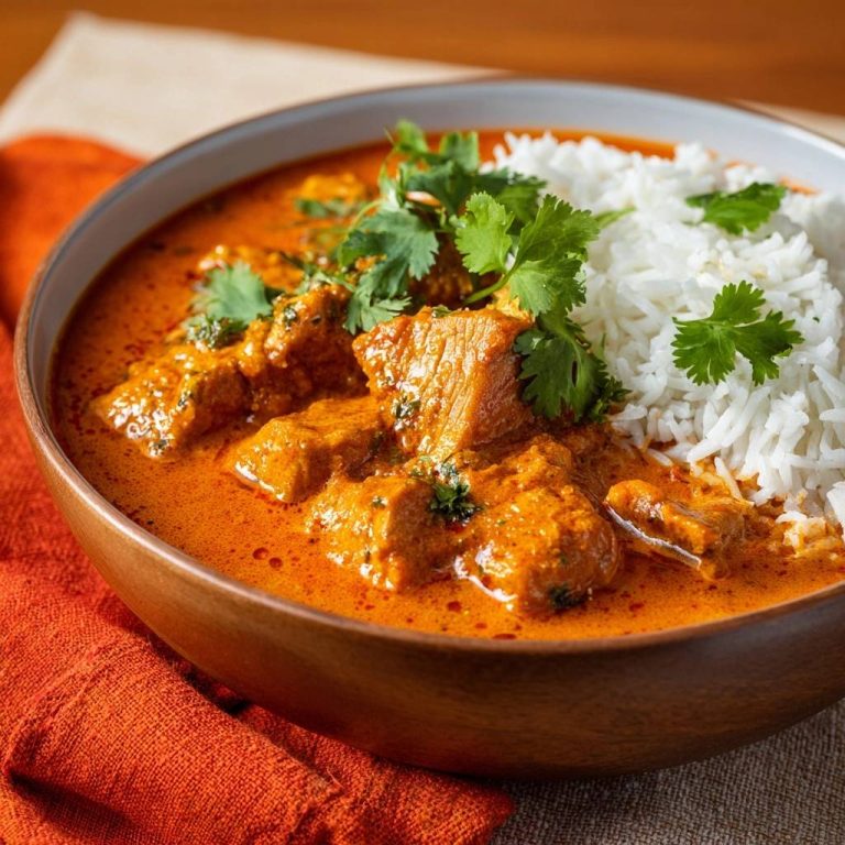 Zartes Rindfleisch-Curry mit Duftreis, serviert in einer Schüssel und garniert mit frischen Kräutern, Nahaufnahme.