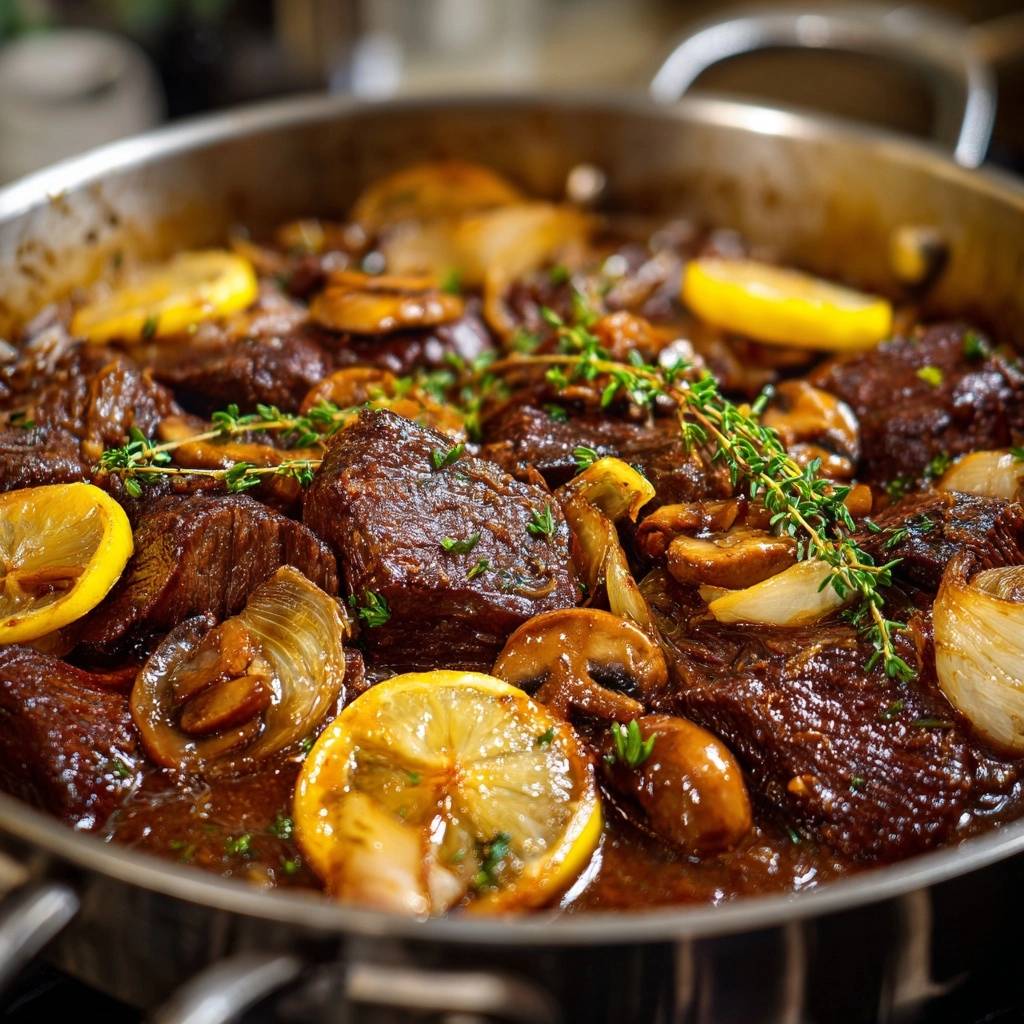 Saftiges Rindfleisch mit Champignons, Zwiebeln und Zitronen-Thymian, Nahaufnahme der geschmorten Fleischstücke mit Zitronenscheiben und Kräutern.